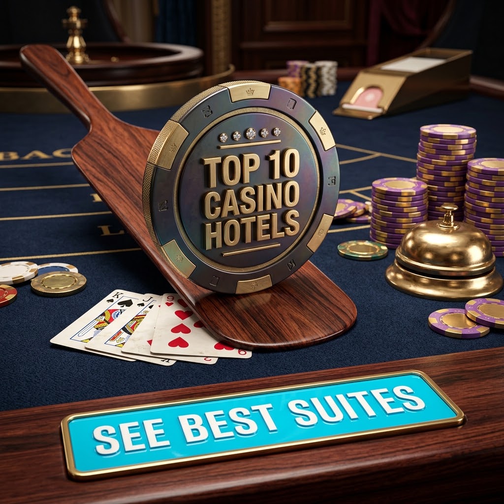Casino chip reading Top 10 Casino Hotels, on a baccarat table with cards, chip stacks and a service bell